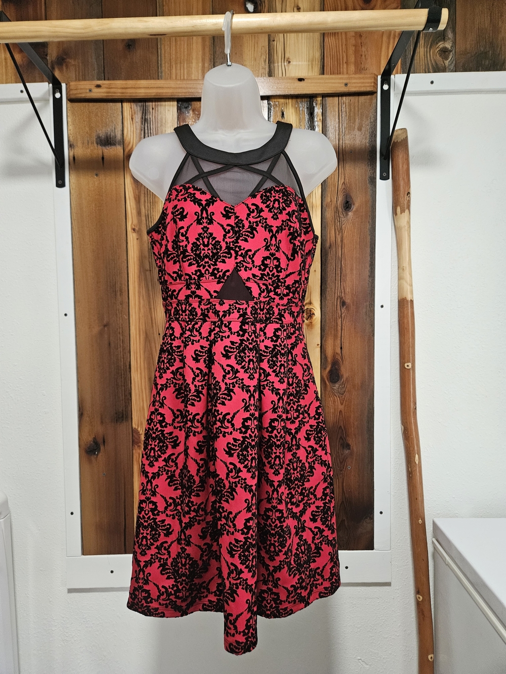 Enfocus Studio Red Dress with Black Lace Overlay